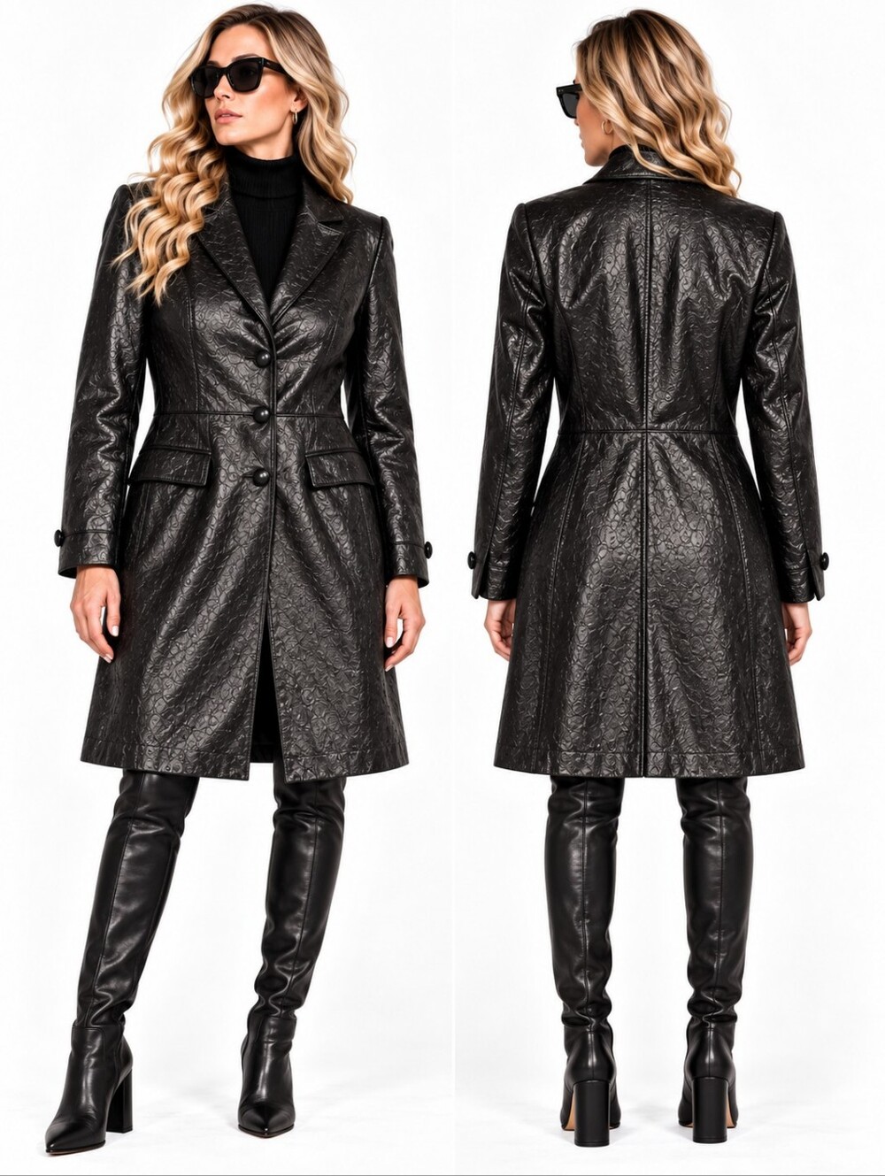 Vintage Escada Margaretha Ley Leather Coat Black Embossed Size 38 Medium EUC
